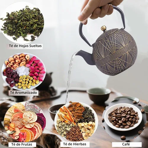 Vista 4 de Tetera de hierro fundido esmaltada 34oz (1000ml) - Hervidor de estilo japonés con infusor extraíble de acero inoxidable y mango ergonómico, seguro