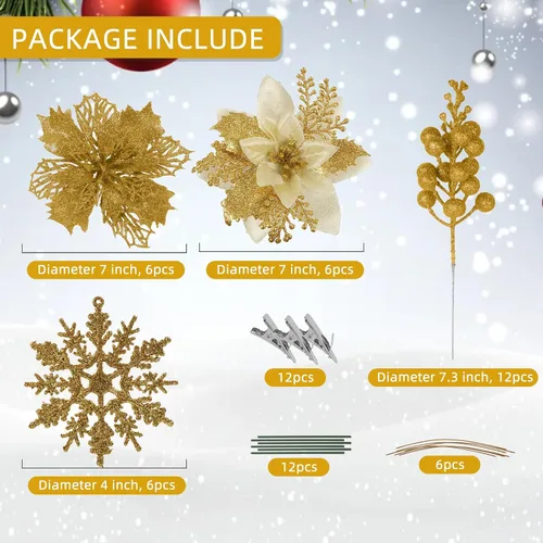 Vista 2 de RECUTMS 60 PCS Flores Artificiales de Nochebuena para Decoración del Árbol de Navidad Juego con Clip, 18 Flores de Nochebuena con 12 Tallos de Bayas