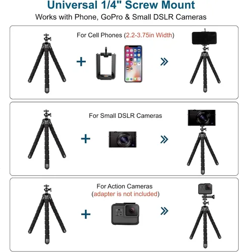 Vista 4 de Trípode flexible con control remoto inalámbrico, mini trípode portátil para iPhone Android, GoPro y cámaras DSLR pequeñas, revestimiento de metal