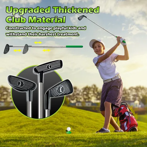 Vista 4 de TERRAMUS Juego de golf 3 en 1 para niños con devuelvedor automático de dinosaurio, tablero de Cornhole de golf, bolas con luz LED, alfombra de putt