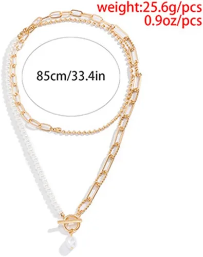 Vista 7 de Jumwrit Gargantilla de perlas, collar de clip de papel, collar de cadena de eslabones de perlas de asimetría, collar de cuentas doradas, collar