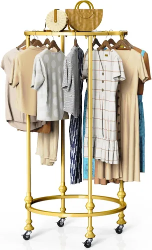 Vista 8 de Perchero redondo con ruedas, estante de ropa multiusos de doble espacio independiente con ruedas y parte superior, organizador de ropa comercial