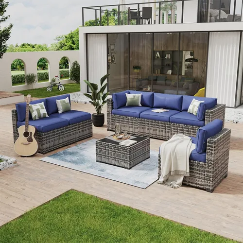 Vista 12 de Aoxun - Juego de 7 piezas de muebles de patio de mimbre de ratán, conjunto de sofá modular para conversación de patio con mesa de café y cojines