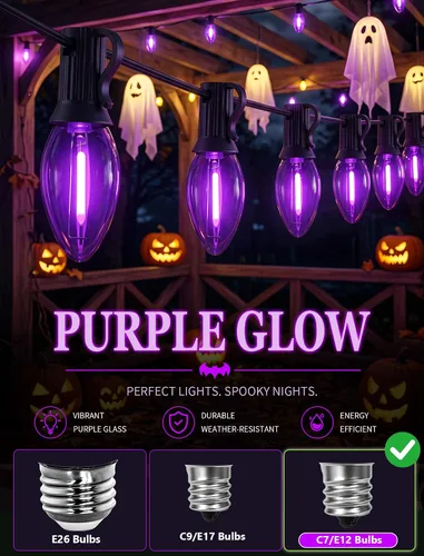 Vista 4 de 25 Pack C7 E12 Purple LED Replacement Bulbs for Outdoor String Lights 0.6W Design, 120V, Dimmable design, IP65 Shatterproof Plastic for Halloween