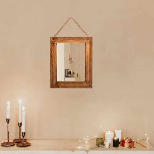 Vista 6 de OKSQW Espejo de pared de granja, espejo rectangular de madera rústica marrón, marco de madera decorativa de 16 x 12 pulgadas, con espejo y cuerda