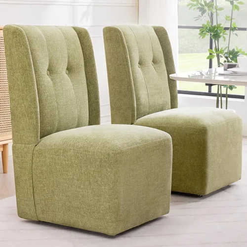Vista 16 de Silla de comedor con ruedas, moderna silla giratoria tapizada sin brazos con ruedas para cocina, sala de estar (tela beige)