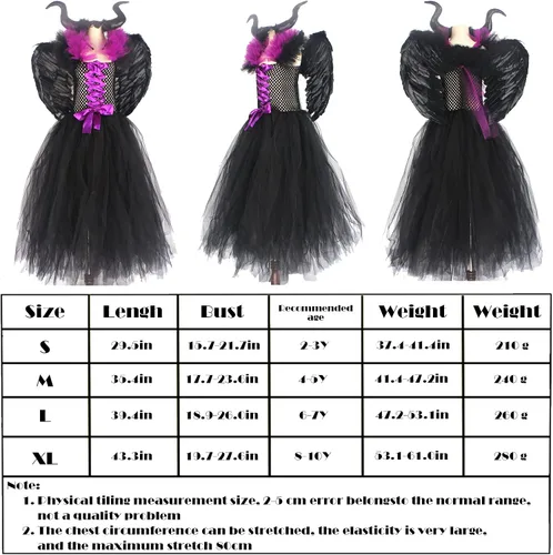 Vista 7 de Disfraz de bruja de Halloween para niñas y niñas, disfraz de disfraz de lujo con alas y cuernos
