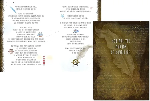 Vista 2 de Smiling Wisdom - Juego de tarjeta de felicitación y recuerdo del viejo mundo - You Are The Author of Your Life - Consejos de graduación para tu