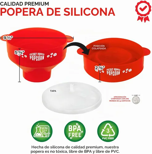 Vista 2 de Palomitas de maíz de silicona para microondas (rojo) para hacer palomitas de maíz, no requiere aceite, cuenco plegable con tapa, reutilizable, sin