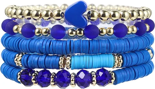 Vista 15 de Caiyao Juego de pulseras apilables de arcilla con corazón multicapa de Bohemia, pulseras elásticas con cuentas doradas de arcilla Heishi para Verde