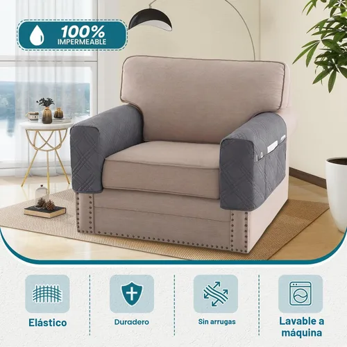 Vista 2 de Turquoize Fundas impermeables para reposabrazos de sillas y sofás, 2 unidades, protectores de brazo para sofá con bolsillo lateral, protector Doble