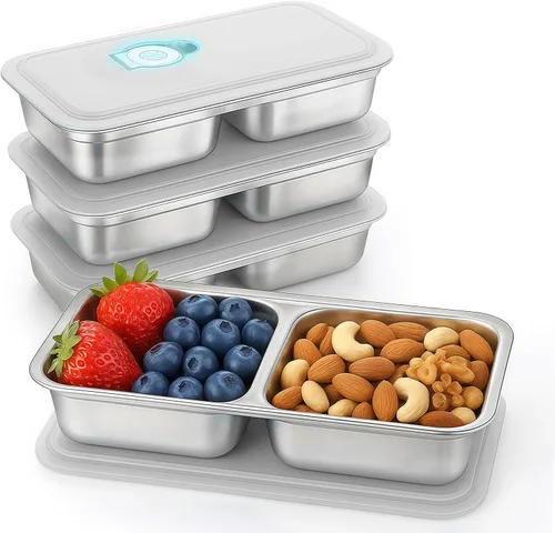 Vista 9 de 2 cajas Bento de acero inoxidable 304, 2 compartimentos, contenedores portátiles de almacenamiento de alimentos, cajas de aperitivos con tapas, caja