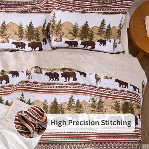 Vista 3 de PPOLCA Juego de ropa de cama para cabaña tamaño individual, edredón rústico reversible ligero de Navidad con diseño de osos, 2 piezas de colcha