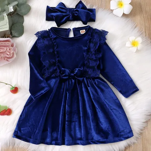 Vista 4 de ODIZLI Vestido de terciopelo para niñas pequeñas, manga larga, volantes, ropa de otoño e invierno