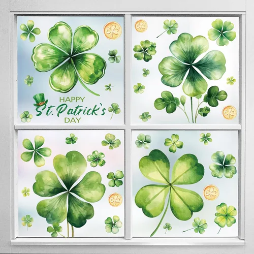 Vista 5 de Adhesivo de trébol para ventana, acuarela, trébol de la suerte de 4 hojas, Día de San Patricio, ventana, color verde, para el día de San Patricio