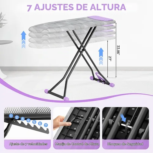 Vista 2 de Tabla de planchar plegable de 7 niveles con soporte para hierro 13 x 43 in, alloy structure, height adjustable, safety lock, foldable easy storage