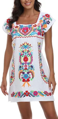 Vista 5 de YZXDORWJ Vestido bordado mexicano sin mangas con cuello de volantes para mujer
