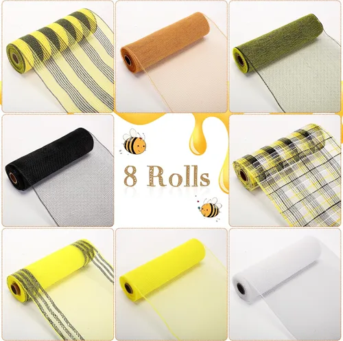 Vista 4 de Newwiee 8 rollos de cinta de malla para el Día de las Abejas de 10 pulgadas x 30 pies cada rollo, decoración para coronas y girasoles, cinta