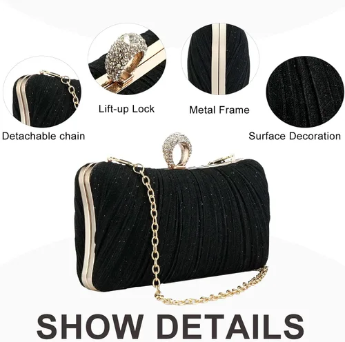 Vista 6 de Bolso de mano de noche dorado con purpurina para mujer, bolso de noche plisado para fiesta de boda y novia