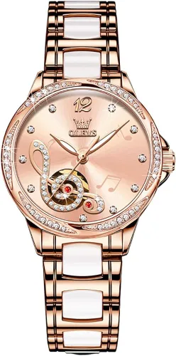Vista 7 de OLEVS Relojes para mujer, de cuerda automática, oro rosa, diamante, reloj de pulsera mecánico automático, acero inoxidable, dos tonos, pulsera