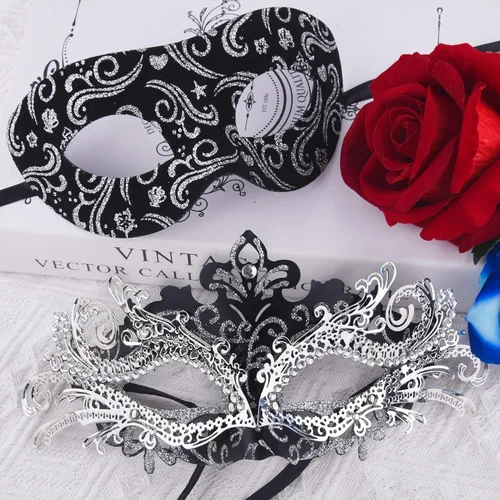 Vista 4 de SIQUK Máscaras de máscaras de metal veneciano para parejas, máscara de disfraz de Halloween, máscara de Mardi Gras para parejas, mujeres y hombres