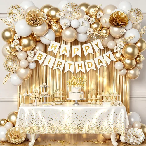 Vista 8 de Adornos de cumpleaños para hombres y mujeres, adornos de fiesta negros y dorados, cartel de feliz cumpleaños con globos negros y dorados, mantel