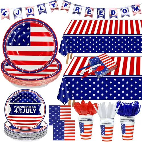 Vista 8 de 256 piezas de decoración del 4 de julio, 250 aniversario, bandera patriótica estadounidense, suministros para fiesta, 32 4 de julio, platos de papel