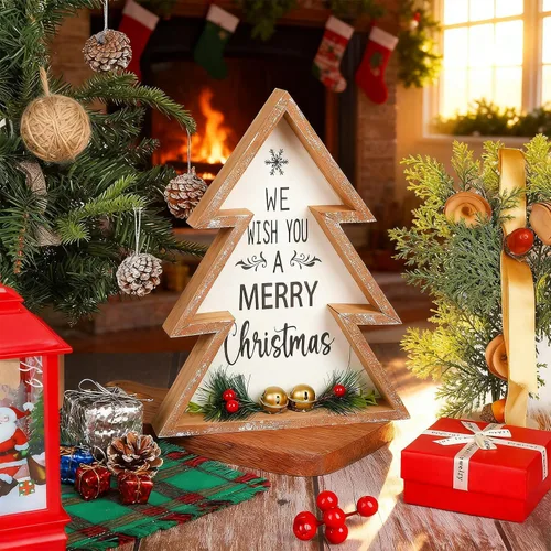 Vista 4 de Decoraciones de mesa de Navidad para el hogar, centro de mesa de árbol de Navidad, decoración interior de madera, árboles de Navidad rústicos