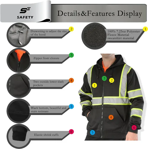 Vista 4 de sesafety Class 3 High Visibility Sweatshirt for Men,Hooded Pullover,Hi-Vis Safety Hoodie Pullover Sweatshirt