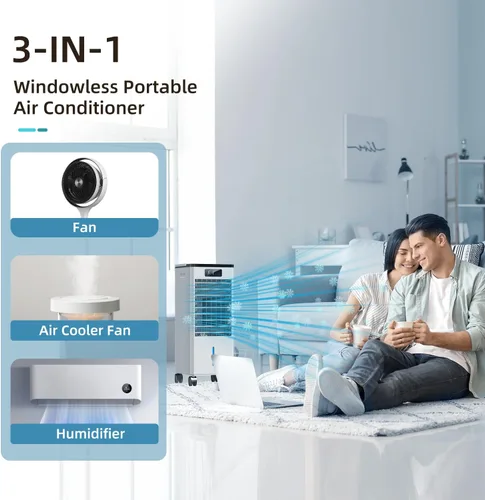Vista 3 de Aire acondicionado portátil, enfriador evaporativo 3 en 1, aire acondicionado sin ventanas, 4 modos y 3 velocidades, temporizador de 12 horas