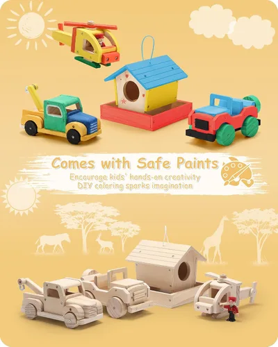 Vista 2 de SainSmart Jr. Kits de construcción de carpintería para niños con pajarera, 4 en 1, juego de proyectos STEM para niños, manualidades de madera