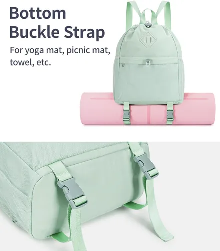 Vista 2 de WANDF Mochila con cordón para mujer, bolsa de gimnasio con correa para esterilla de yoga, resistente al agua, con bolsillo de malla, Verde