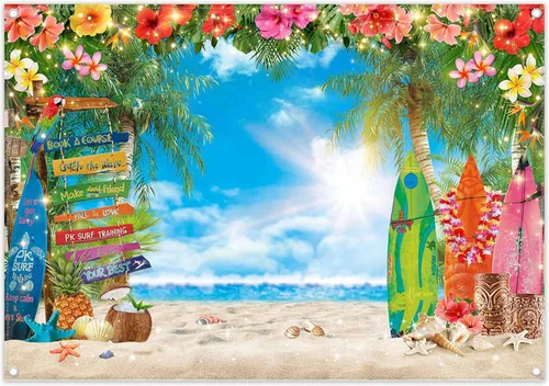 Vista 2 de Fondo de fotografía de playa hawaiana de verano de 7 x 5 pies, flores tropicales, hojas de palma, fondo de tabla de surf para Luau Aloha decoración