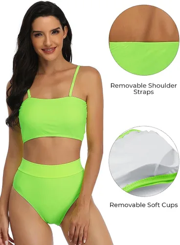 Vista 2 de Summer Mae Women Bandeau Bikini Removable Straps Padded High Waist Cheeky Bathing Suit