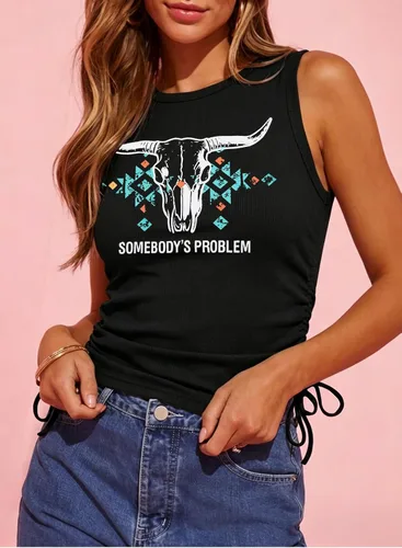 Vista 3 de Camisetas sin mangas de vaquera occidental para mujer, camisetas de música #02 Negro