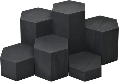 Vista 3 de MOOCA - Soporte de exhibición hexagonal de madera para accesorios 6-piece black wooden hexagon riser set creates tiered displays for jewelry