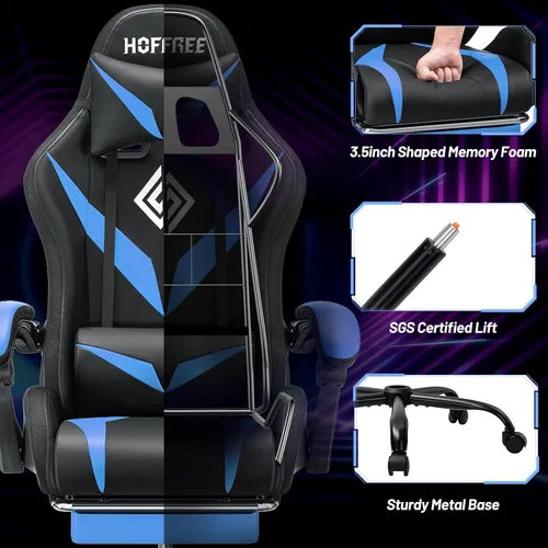 Vista 7 de HOFFREE - Silla para juegos con luces LED RGB estilo carreras, color azul azul+negro