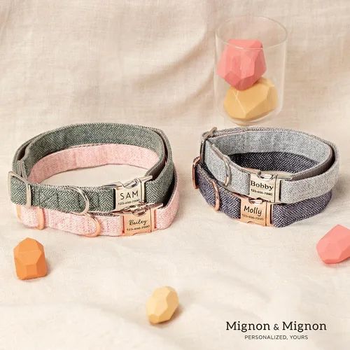 Vista 4 de Collar de perro personalizado, nombre de mascota personalizado e información de contacto grabada, collar de algodón ajustable para perros pequeños