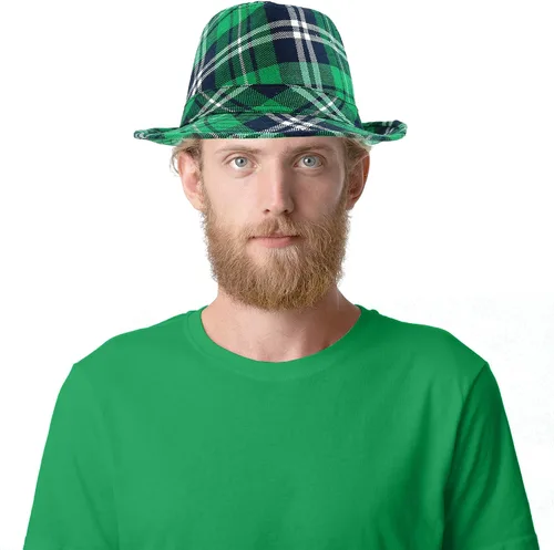 Vista 7 de Skeleteen Fedora verde a cuadros irlandeses, accesorios de disfraz del día de San Patricio, sombrero de duende para hombres, mujeres y niños