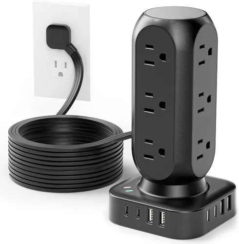 Vista 7 de Regleta de alimentación con protector de sobretensiones en torre, 12 salidas de CA y 8 puertos USB, cable de extensión de enchufe plano de 5 pies