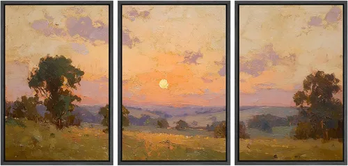 Vista 128 de SIGNWIN Lienzo enmarcado para pared, juego de arte de campos pastorales, flores silvestres, campo rústico, paisaje, floral, ilustraciones modernas