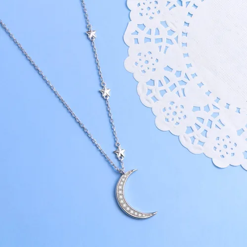 Vista 3 de Ladytree Collar con colgante de joyería de luna creciente y estrella de plata de ley 925