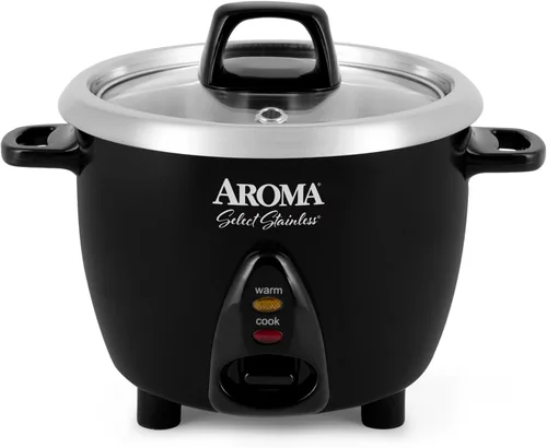 Aroma Housewares Select - Olla arrocera y calentador de acero inoxidable con olla interior sin recubrimiento, 3 tazas (sin cocinar)/6 tazas