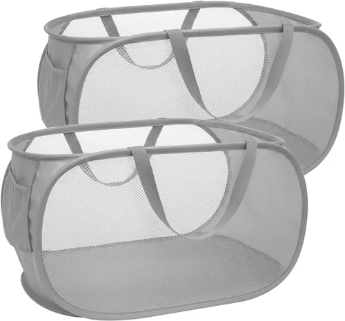 Vista 10 de Cesta de Ropa Emergente, Cestas Horizontales Plegables con Asas y Bolsillo Lateral, Malla Resistente Plegable para Cuarto de Lavado, Baño