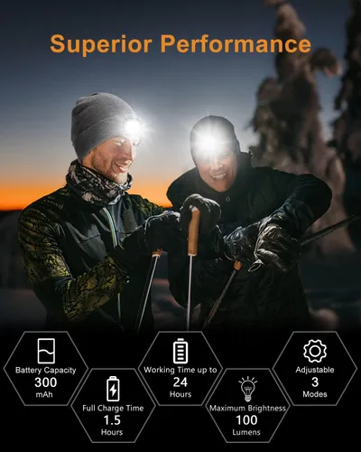 Vista 5 de BERGWEISER LED Beanie with Light, 3 Adjustable Modes Headlamp Beanie Hat, Removable USB with Night Strobing