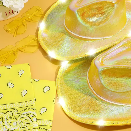 Vista 3 de Unittype Paquete de 18 sombreros de vaquero, sombrero de vaquera para novia, sombrero LED de vaquero espacial con 6 gafas, 6 bandana para mujer