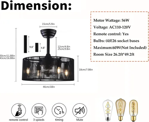 Vista 5 de OUKANING Ventilador de techo invisible enjaulado con luz, 3 velocidades ajustables, luces de ventilador de techo cerradas con control remoto
