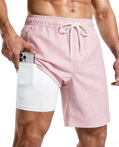 Vista 26 de Bañador para hombre con forro de compresión de 7 pulgadas B-rayas azul-blancas