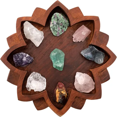 Vista 7 de Bandeja de cristal de loto para piedras curativas, soporte de cristal de madera, flor de loto, mandala, organizador de cuencos de piedra, decoración