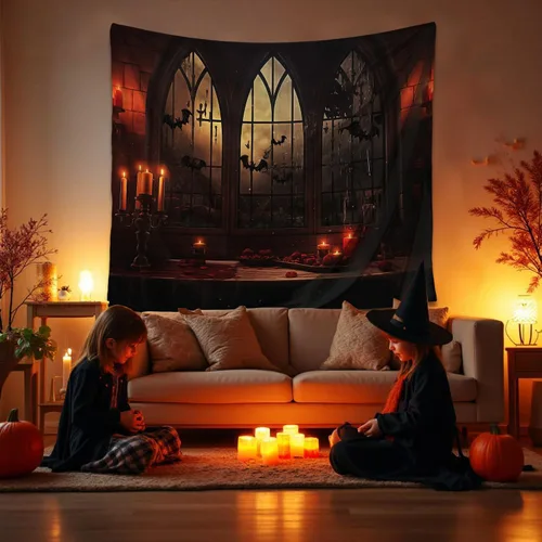 Vista 12 de QGHOT Tapiz de Halloween para colgar en la pared, tapiz de castillo de terror con ventana gótica, fondo espeluznante medieval, tapices